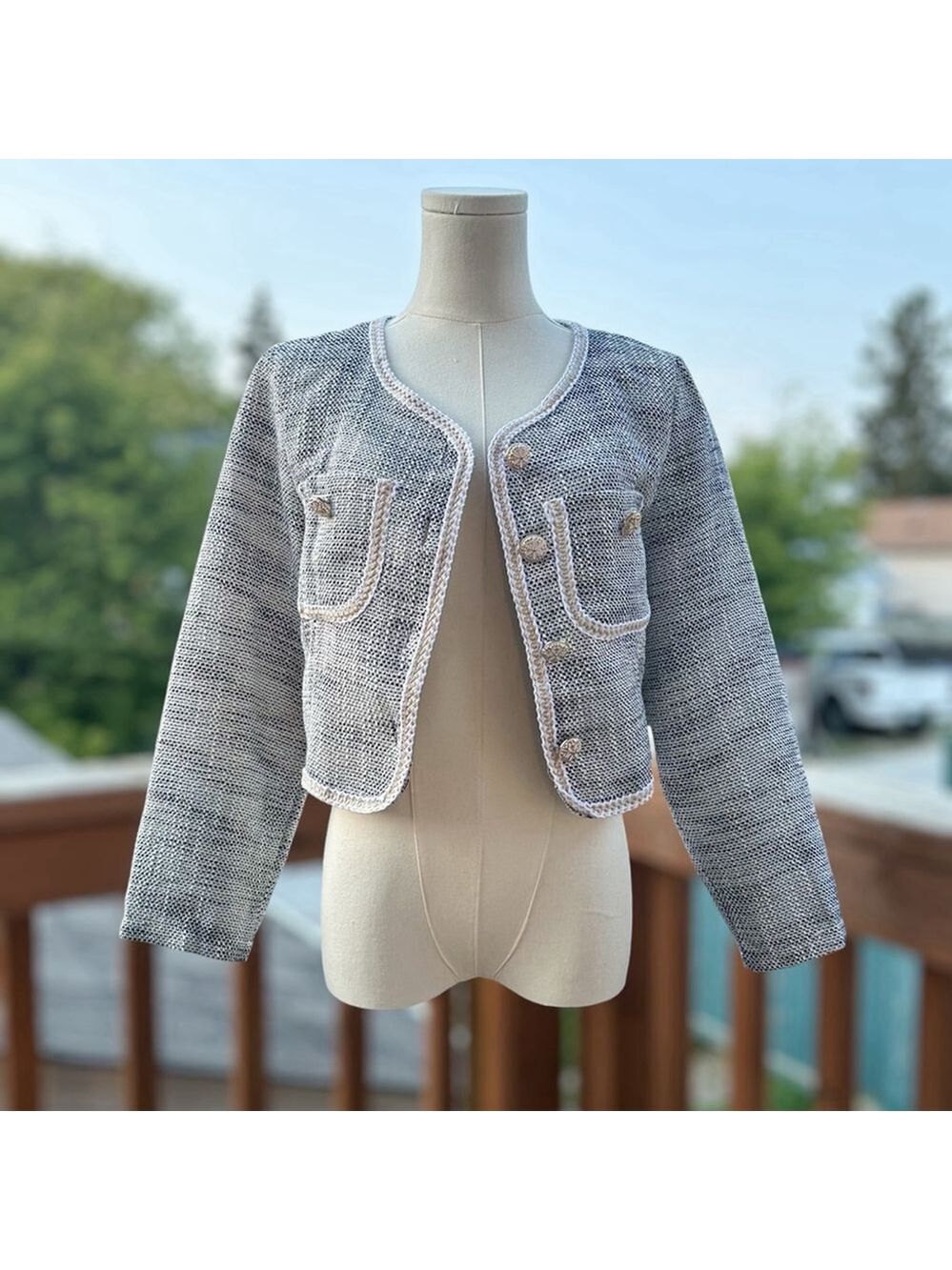 Hello Fashion Black White Tweed Jacket Blazer Floral Button Gold Trim Women Sz M